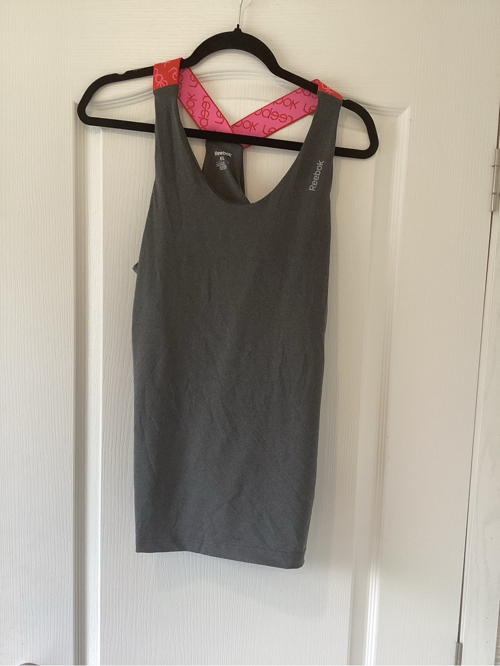 Reebok Gray Tank Top with Pink Logo Cross Straps XL EUC